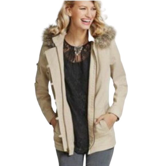 CAbi Nanook Tan Cotton Twill Utility Jacket Lightweight Faux Fur Hood Size Small - Picture 1 of 13